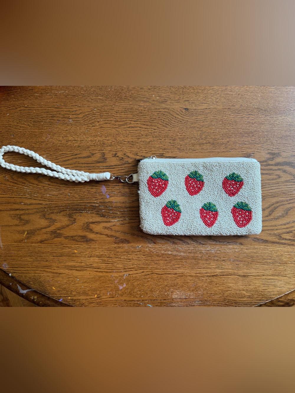 Beaded Strawberry Wristlet Wallet - Cream with Red & Green